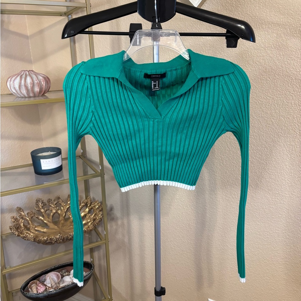 Y2K Forever 21 Green Ribbed Polo Crop Top Open Back Cutout Size M